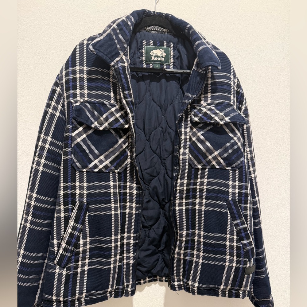 Roots Mens Quilted Shacket Navy Windowpane Plaid Shirt Jacket Sz L Button Front